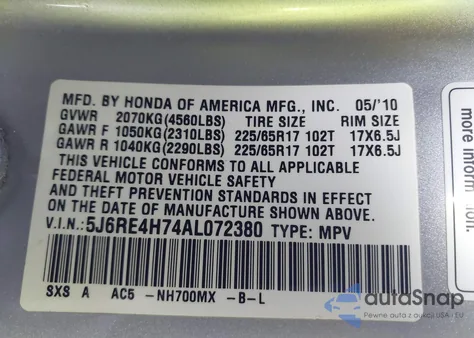 2010 Honda Cr-V Ex-L z USA, uszkodzony, nr VIN 5J6RE4H74AL072380